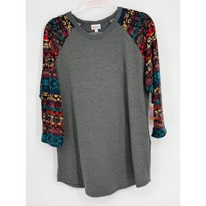LuLaRoe Randy Tee Womens 2XL Grey Multi Color Pattern 3/4 Raglan Baseball Shirt
